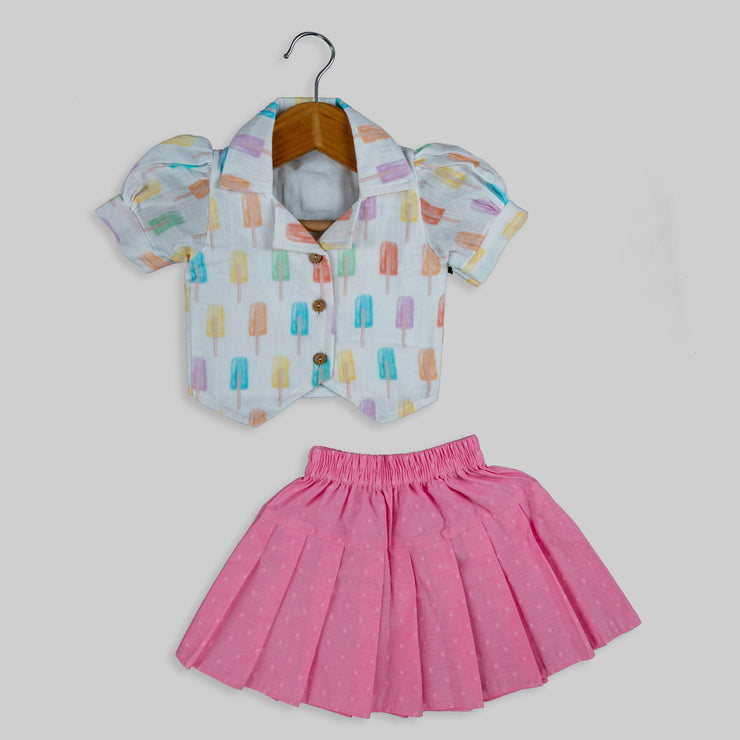 Popsicle Print Shirt and Pink Skirt Set for Girls