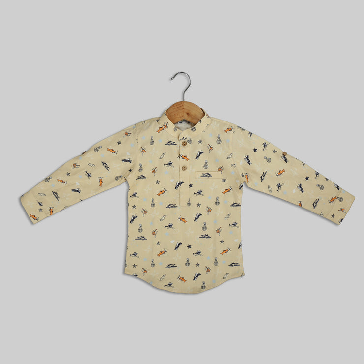 Beige Cotton Printed Shirt For Boys
