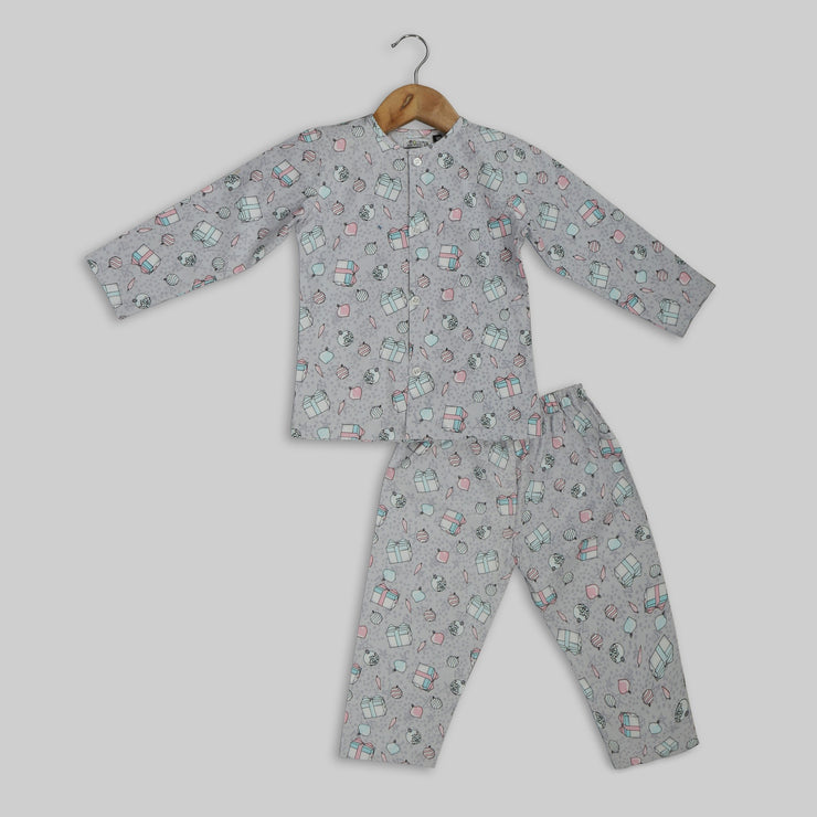 Grey Cotton Printed Pajama Set for Kids