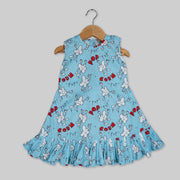 Blue Cotton Popcorn Printed Skater Frock For Girls