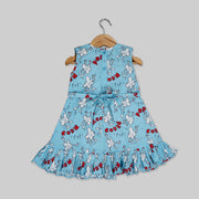 Blue Cotton Popcorn Printed Skater Frock For Girls