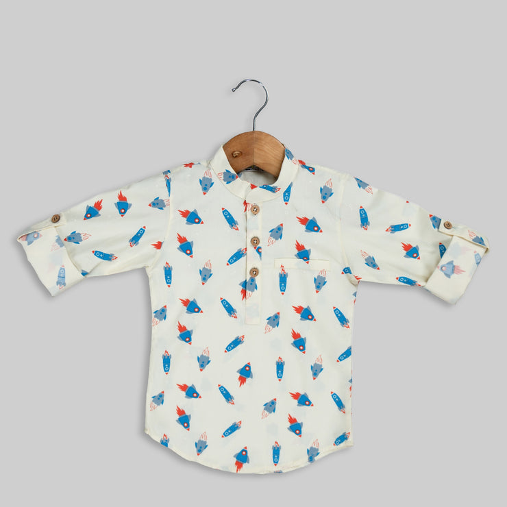 Cream Cotton Rocket Printed Kurta Shirt For Boys