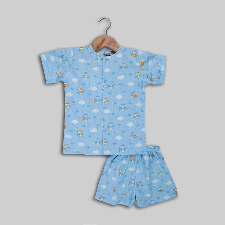 Blue Cotton Printed Sleepwear For Boys