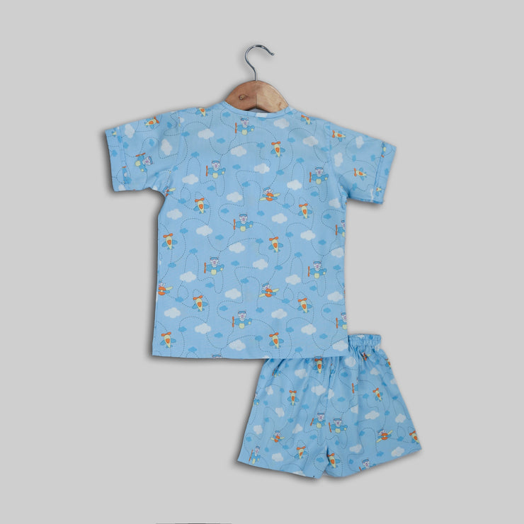 Blue Cotton Printed Sleepwear For Boys