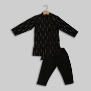 Black Cotton Ikat Kurta Pyjama For Boys