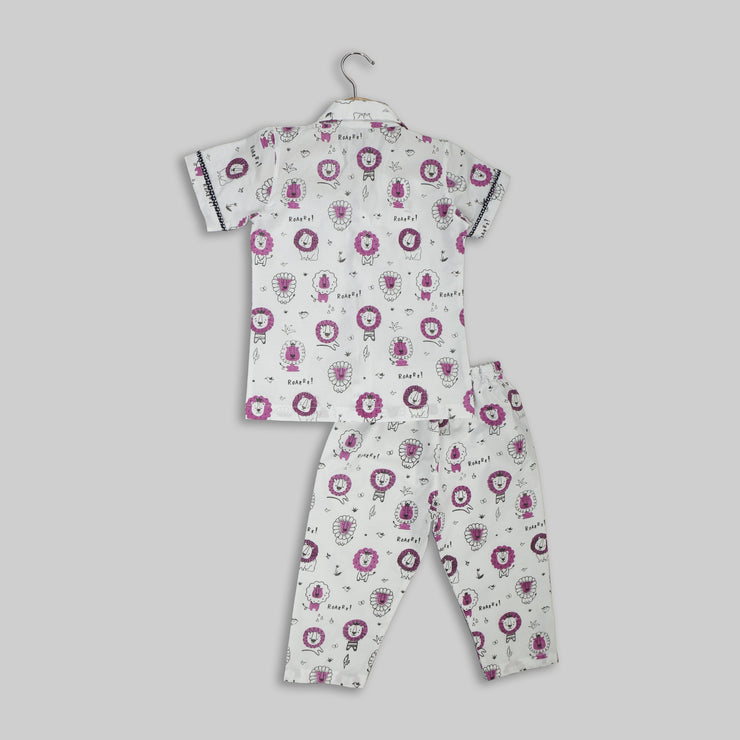 White Cotton Lion Print Sleepwear For Kids