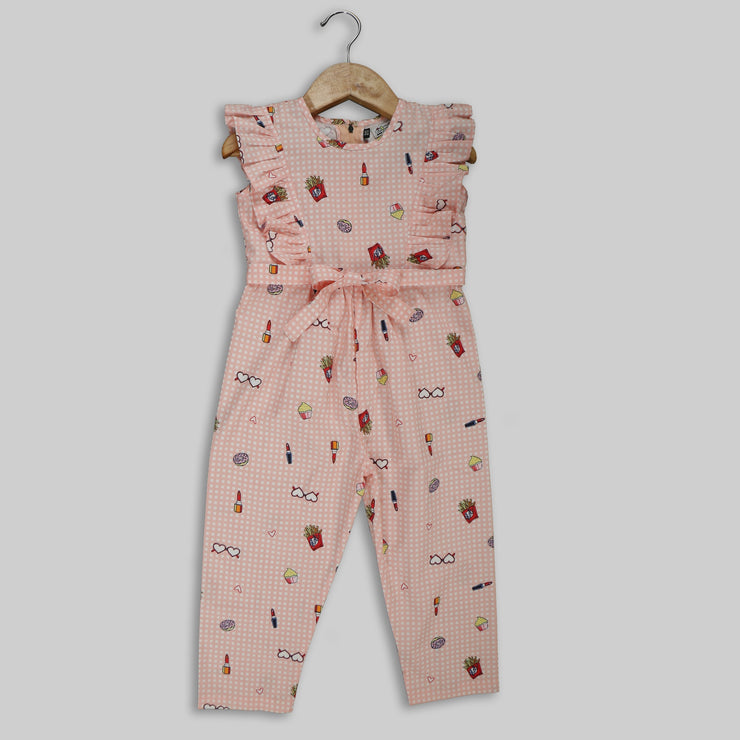 Peach Cotton Printed Jumpsuit For Girls