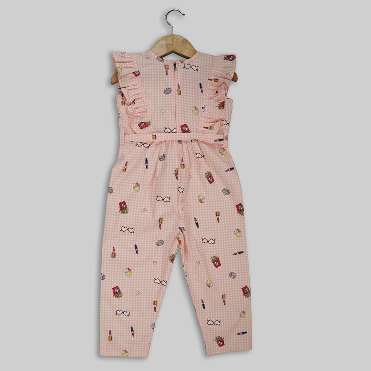 Peach Cotton Printed Jumpsuit For Girls
