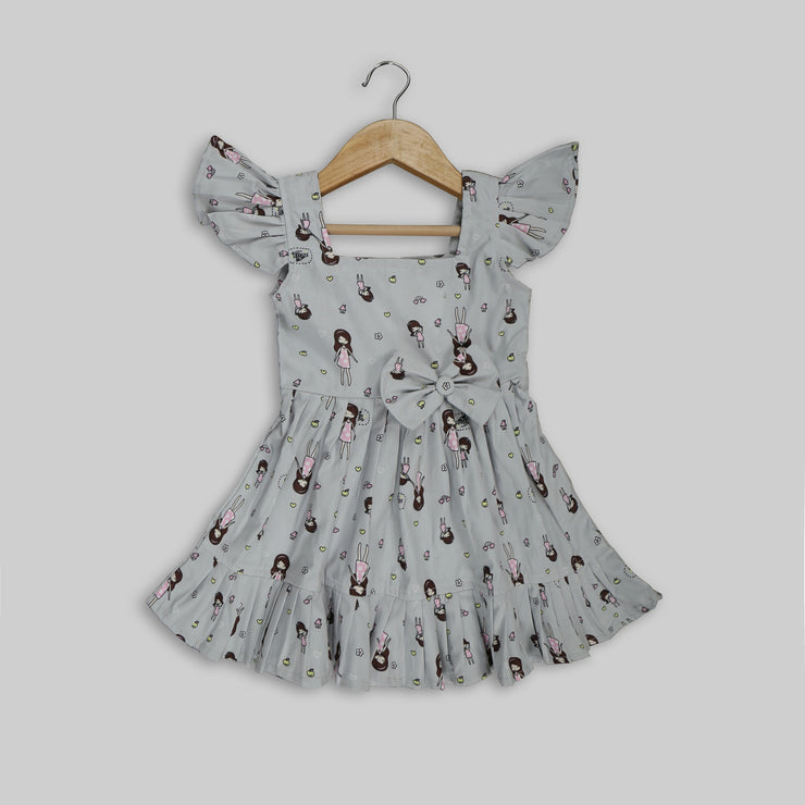 Grey Cotton Printed Frock For Girls
