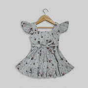 Grey Cotton Printed Frock For Girls