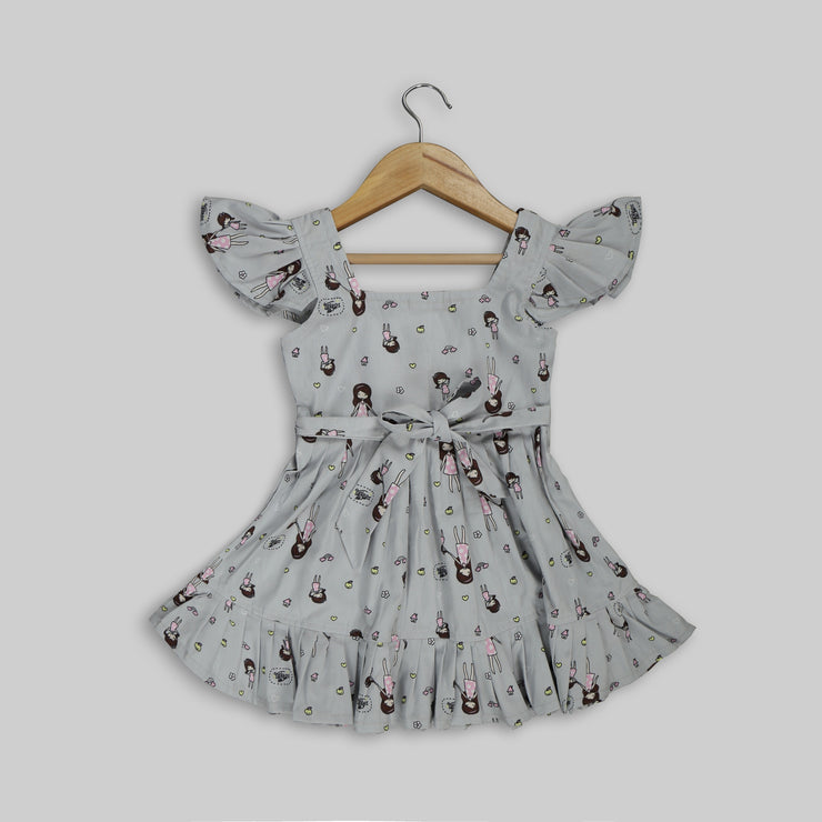 Grey Cotton Printed Frock For Girls