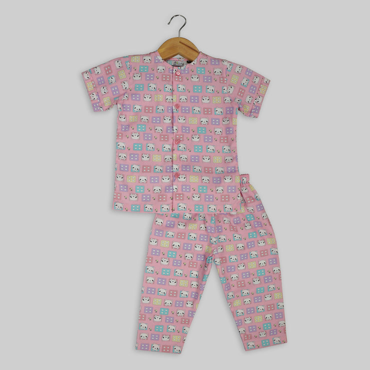 Pink Cotton Teddy Print Sleepwear For Girls