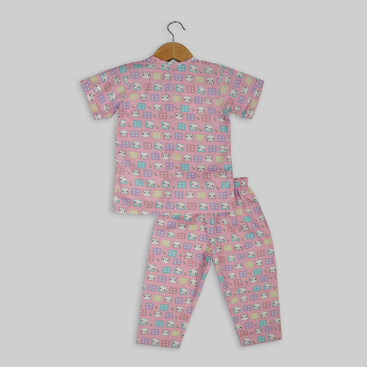 Pink Cotton Teddy Print Sleepwear For Girls