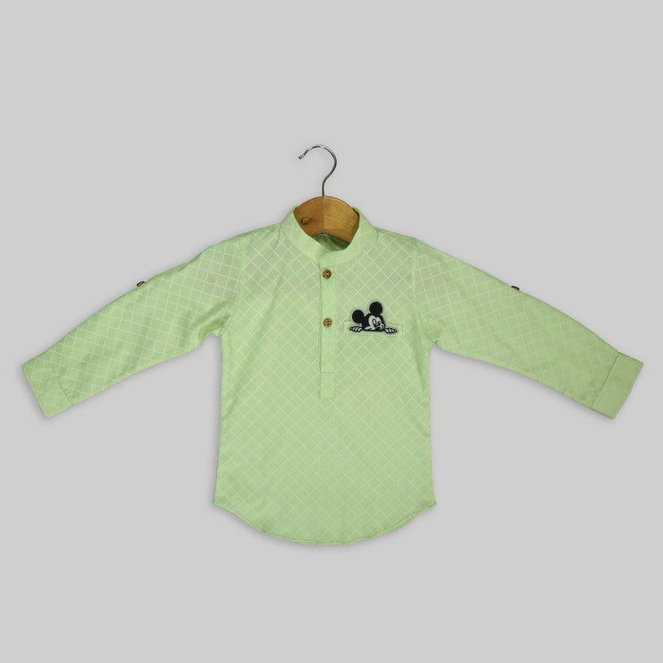 Green Cotton Kurta Shirt For Boys With Mickey Mouse Motif