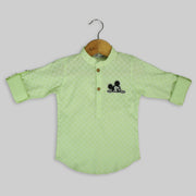 Green Cotton Kurta Shirt For Boys With Mickey Mouse Motif