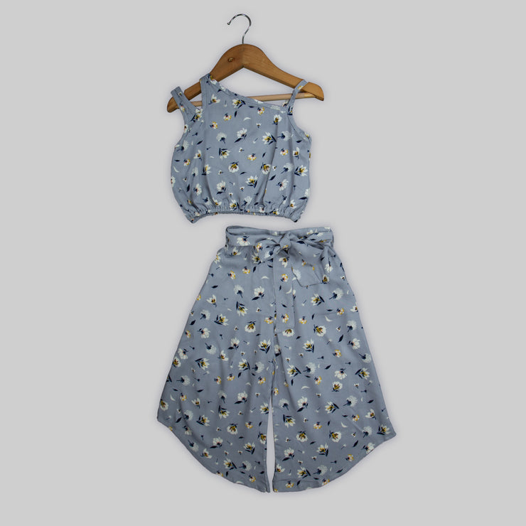 Grey Floral Printed Co-ord Set For Girls