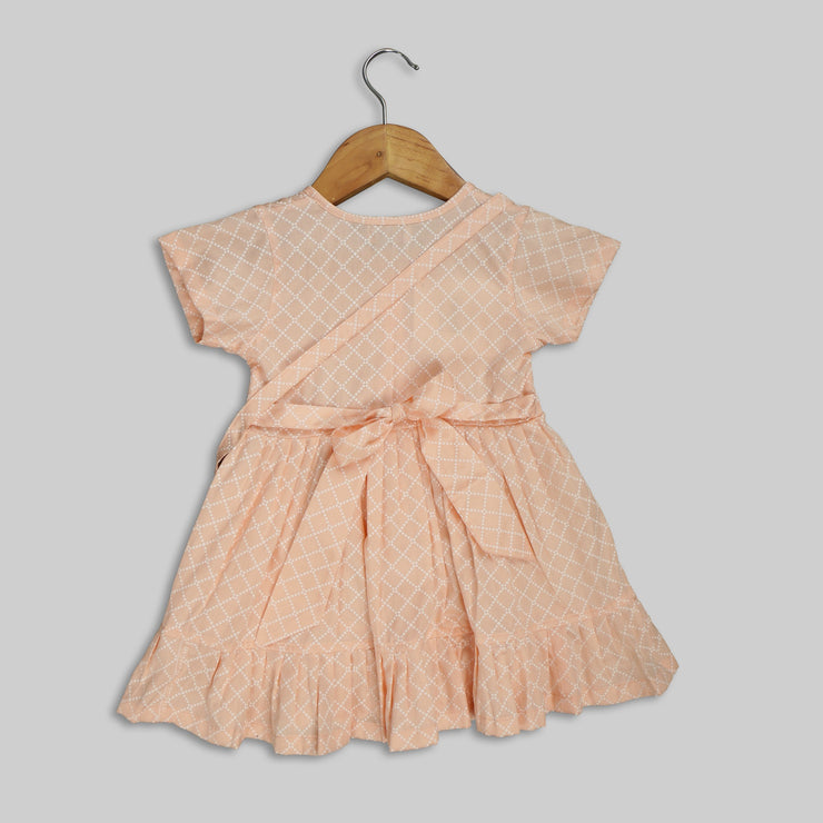 Peach Cotton Frock For Girls With Sling Bag