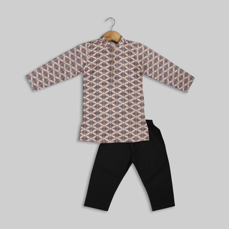 Brown Cotton Printed Kurta Pyjama For Boys