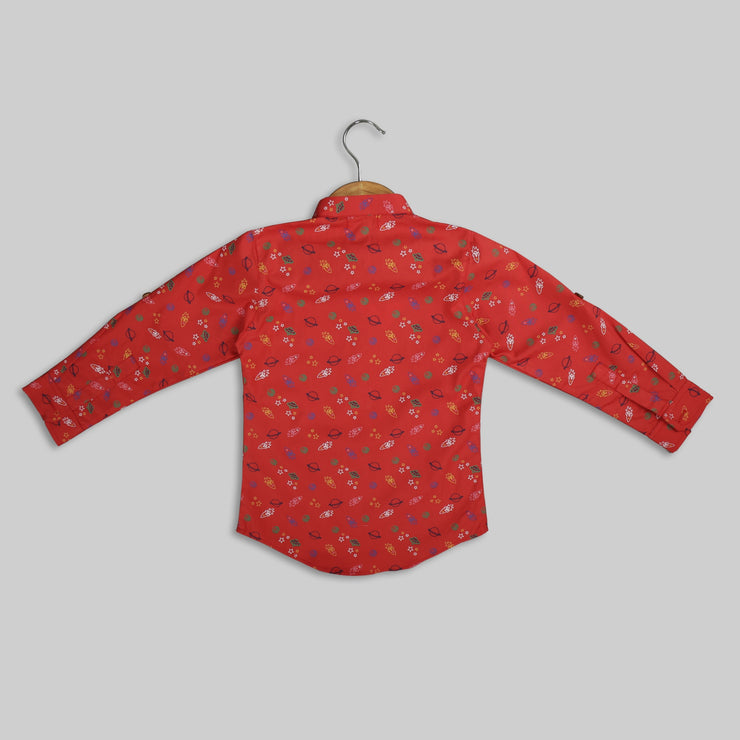 Red Cotton Printed Kurta Shirt For Boys