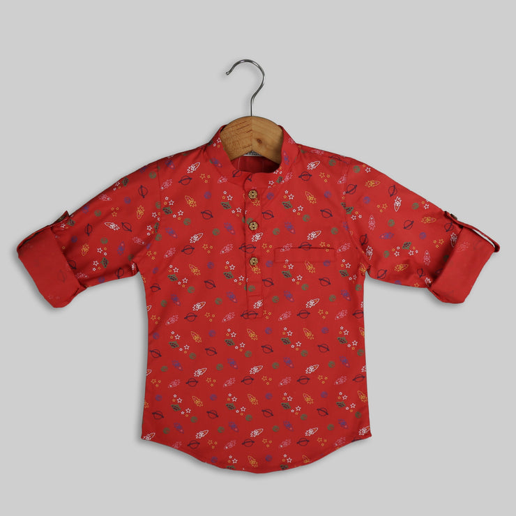 Red Cotton Printed Kurta Shirt For Boys