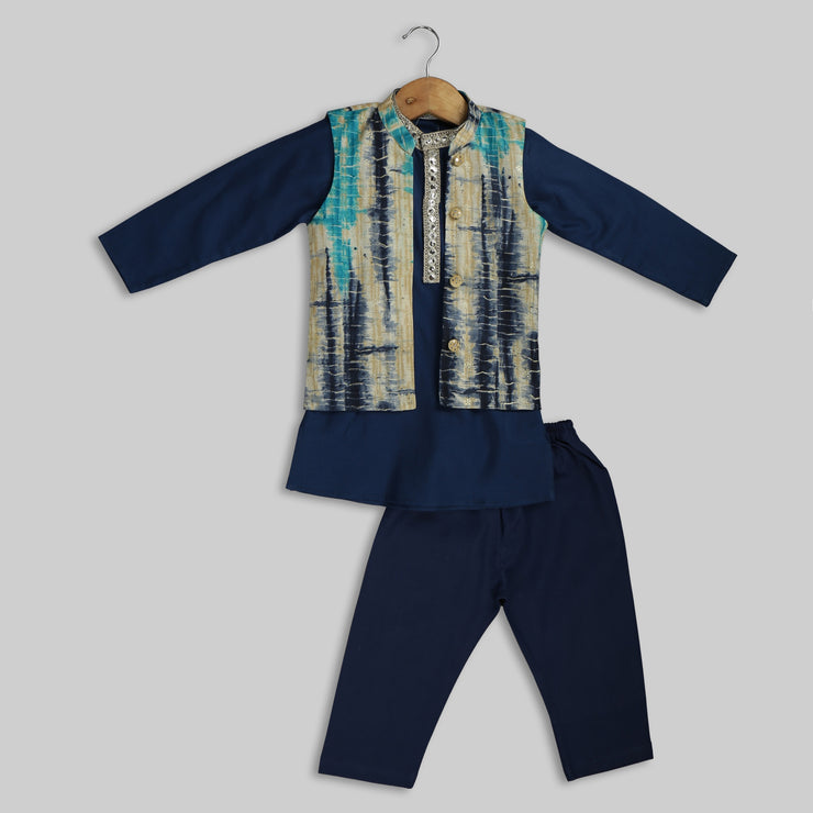 Blue Cotton Kurta Pyjama and Jacket For Boys