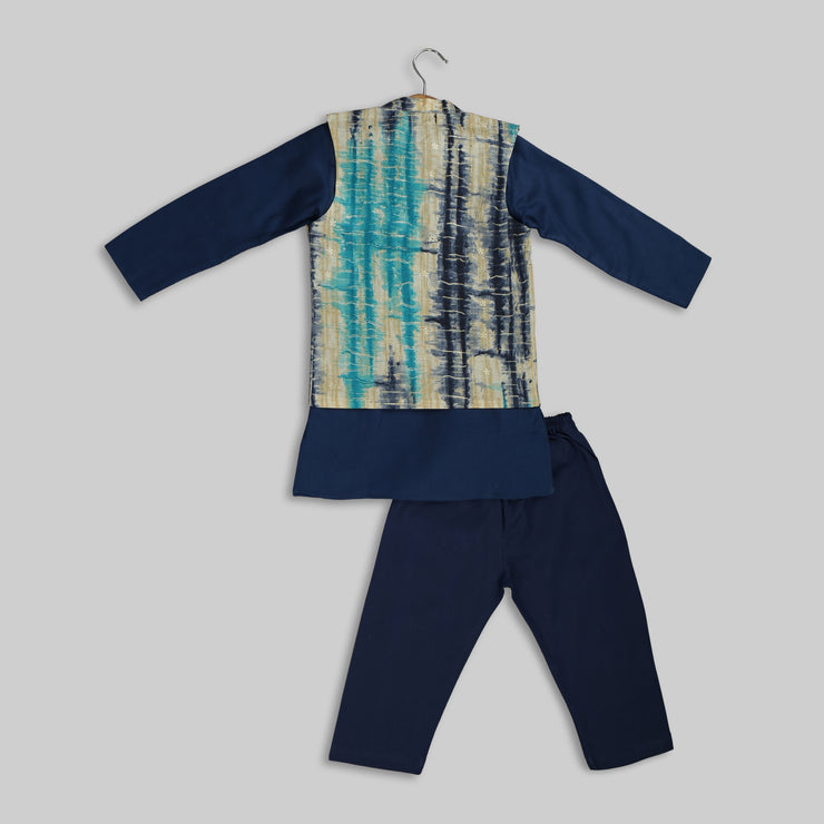 Blue Cotton Kurta Pyjama and Jacket For Boys