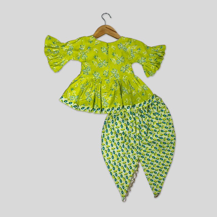 Pre-order: Green Cotton Printed Top And Dhoti Pant For Girls