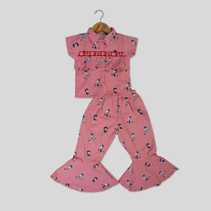 Red Cotton Printed Co-ord Set For Girls