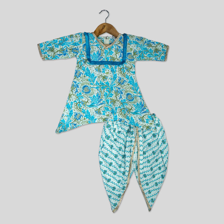 Blue Cotton Printed Kurti and Dhoti Pant For Girls