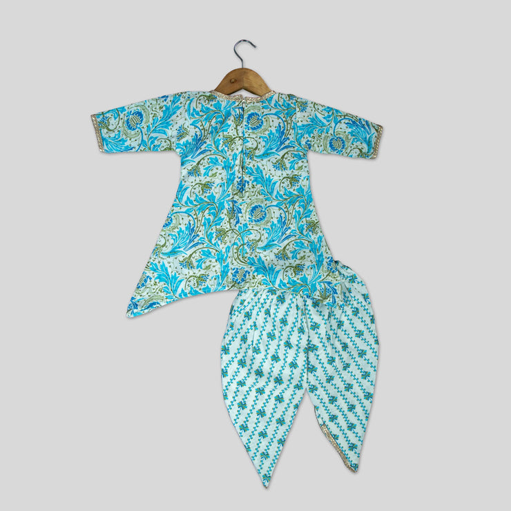 Blue Cotton Printed Kurti and Dhoti Pant For Girls