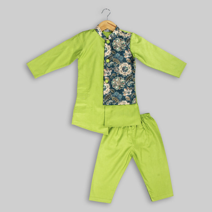 Green Cotton Kurta Pyjama With Stitched Jacket For Boys