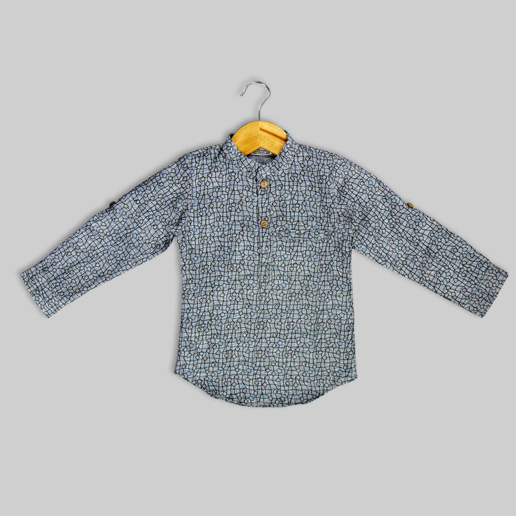 Grey Cotton Abstract Print Kurta Shirt For Boys