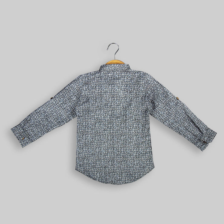 Grey Cotton Abstract Print Kurta Shirt For Boys