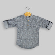 Grey Cotton Abstract Print Kurta Shirt For Boys
