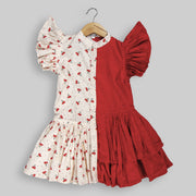 Pre Order: Peach Cherry Print Cotton Frock For Girls