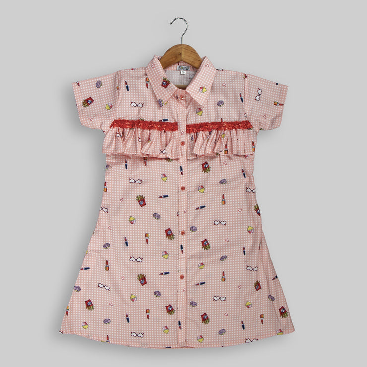 Pre Order: Peach Cotton Printed Frock For Girls
