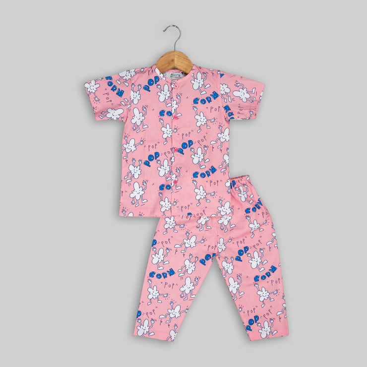 Pink Popcorn Printed Cotton Sleepwear For Girls