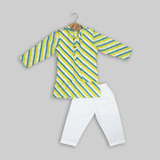 Green Striped Cotton Kurta Pyjama With Jacket For Boys