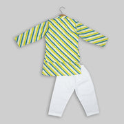 Green Striped Cotton Kurta Pyjama With Jacket For Boys