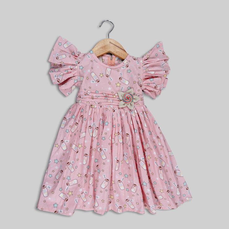 Pre Order: Pink Cotton Wish Bottle Printed Frock For Girls