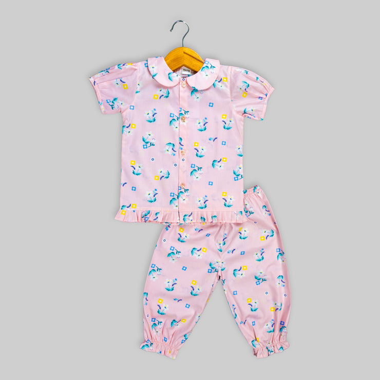 Pink Cotton Floral Print Sleepwear For Girls