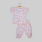 Pink Cotton Floral Print Sleepwear For Girls