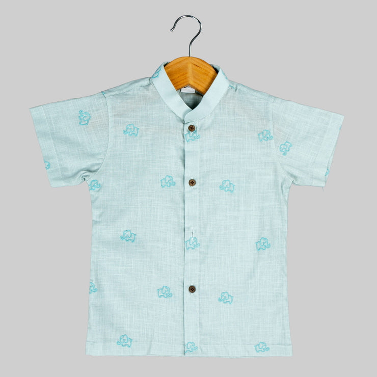 Mint Green Elephant Embroidered Cotton Shirt for Boys