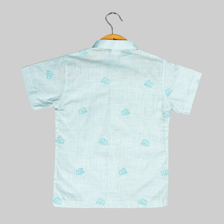 Mint Green Elephant Embroidered Cotton Shirt for Boys