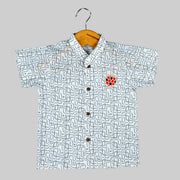 White Geo Maze Cotton Shirt with Football Patch for Boys