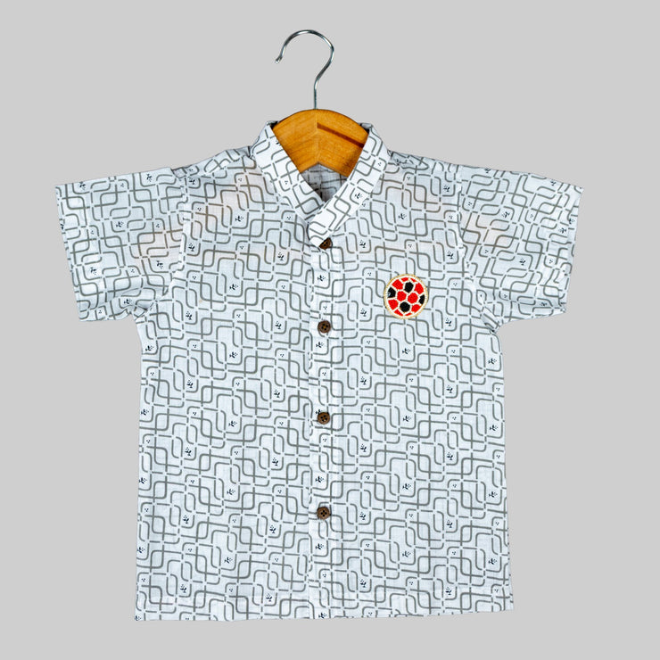 White Geo Maze Cotton Shirt with Football Patch for Boys