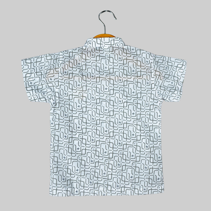 White Geo Maze Cotton Shirt with Football Patch for Boys