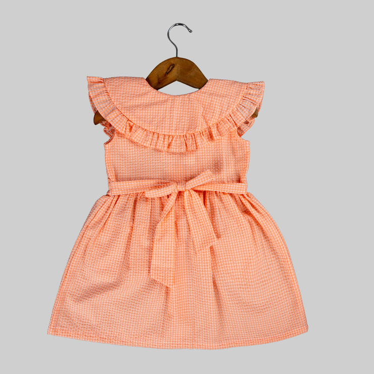 Peach Gingham Ruffle Dress for Girls