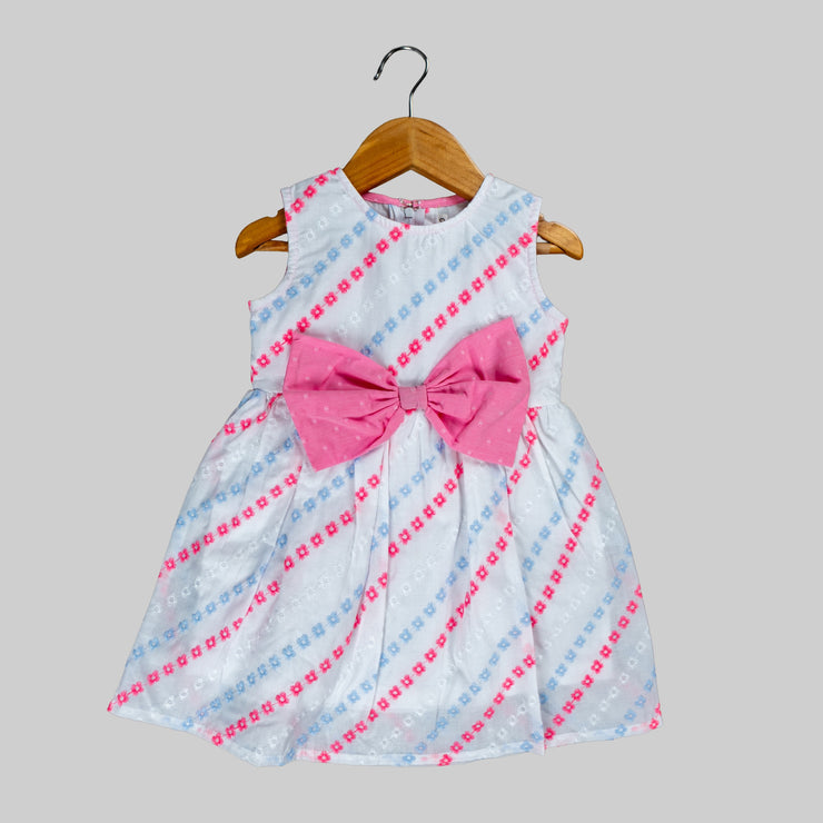 White Hakoba Floral Stripe Sleeveless Dress with  Neon Pink Bow for Girls