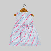 White Hakoba Floral Stripe Sleeveless Dress with  Neon Pink Bow for Girls